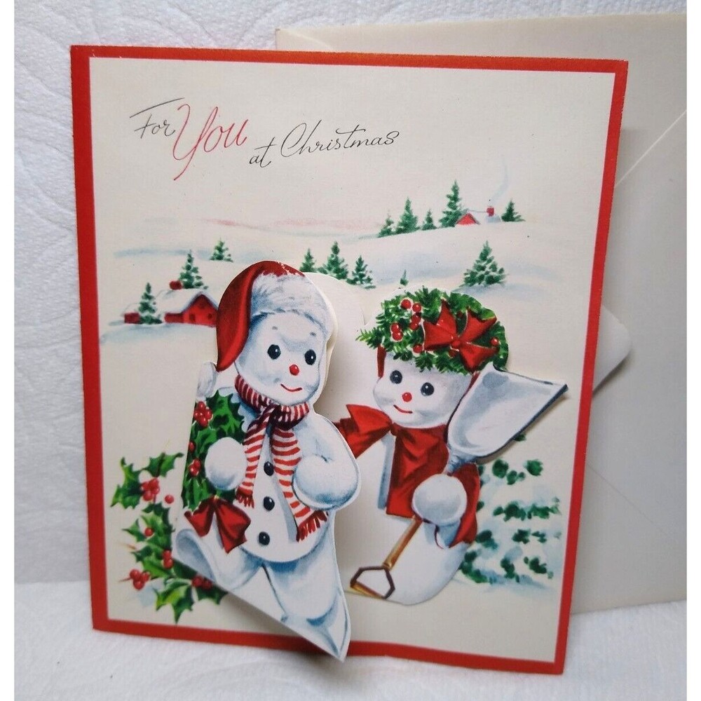 Christmas Greeting Card Dressed Snowmen Diecut Foldout Mid Century Holiday Holly